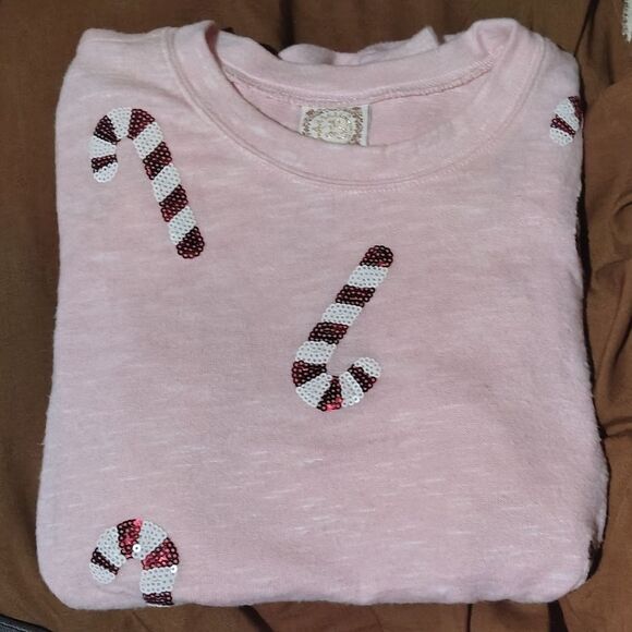 Womens Tru Self Drop Shoulder Sequin Candy Cane Tee Sz. M - Picture 3 of 3